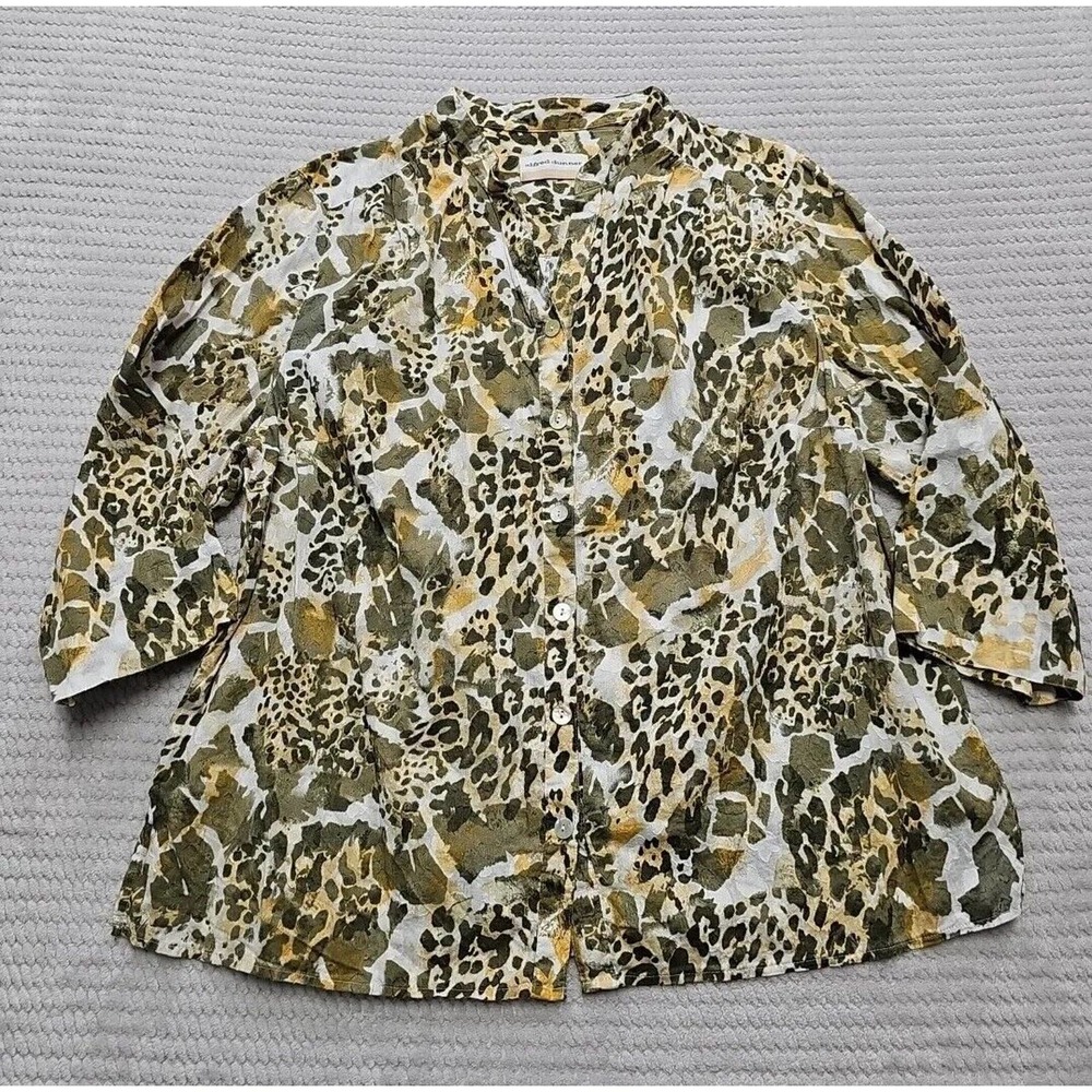 Alfred Dunner Shirt Womens 16 W Button Up 3/4 Sleeve Vneck Animal Print